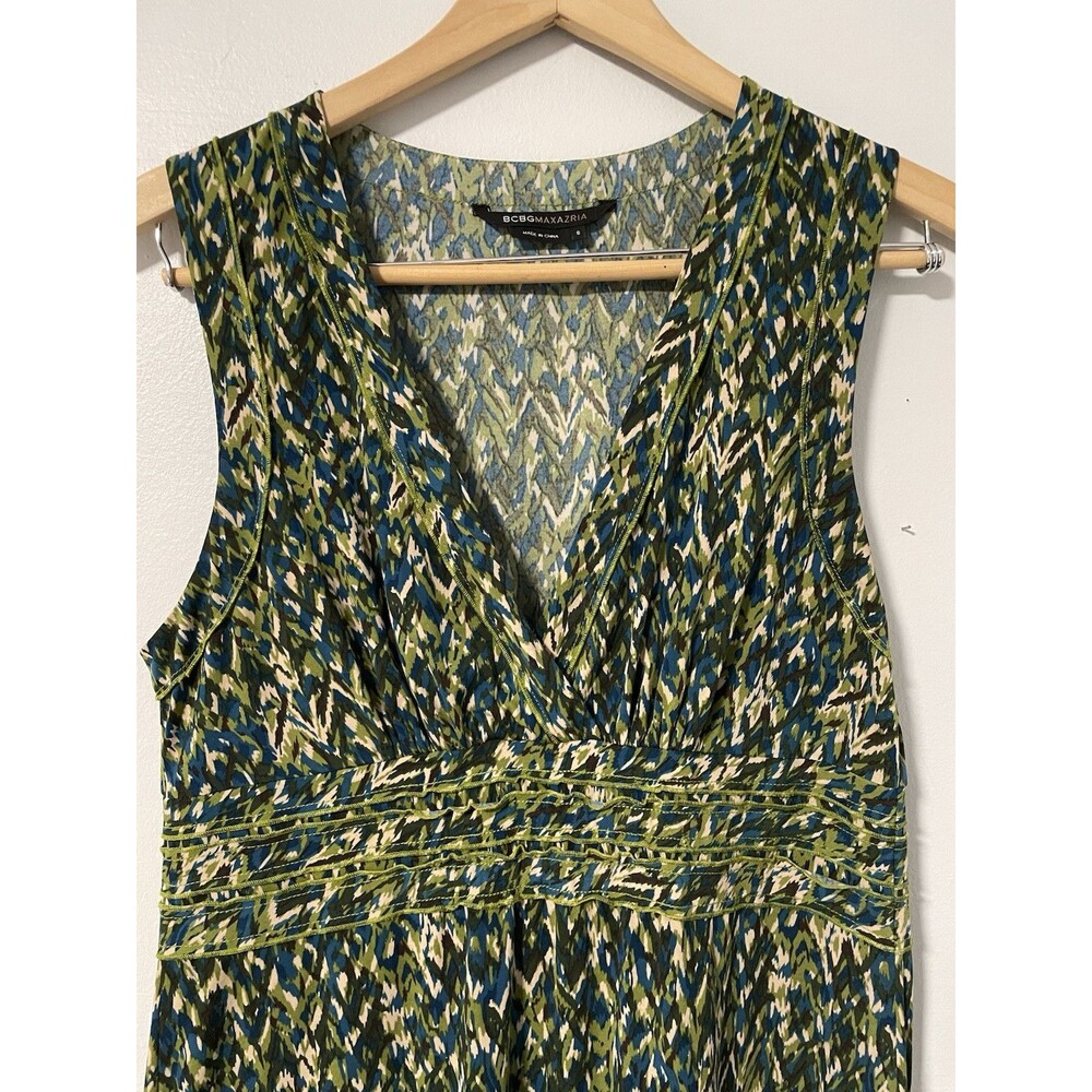 BCBG Maxazria Multicolor Green Brown Teal V-neck Empire Waist Sleeveless Dress S - Picture 2 of 7